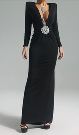 BERNICE LONG SLEEVE DRAPED EMBELLISHED MAXI DRESS IN BLACK