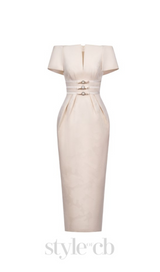 v-cut neckline maxi dress in beige