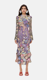 LONG SLEEVE EMBROIDERED MIDI DRESS IN PURPLE