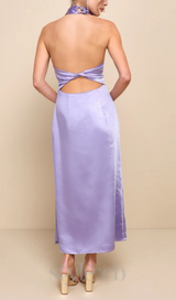 Lavender Satin Halter Slip Midi Dress