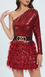 ONE-SHOULDER FEATHER SEQUINS MINI DRESS