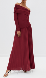 sara bodycon strapless long sleeve maxi dress in burgundy