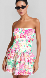 WHITE FLORAL RUCHED STRAPLESS MINI DRESS