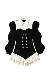 DIAMOND SPLICED COLOR LAPEL TEMPERAMENT RUFFLES DRESS