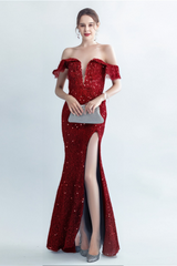 RED OFF-SHOULDER SEQUIN DRESS