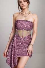SEQUIN MESH RUCHED MINI DRESS