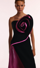 VELVET FLOWER SLIT MAXI DRESS IN BLACK