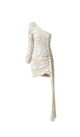 SARAH FLORAL ONE SHOULDER DRAPED MINI DRESS IN APRICOT