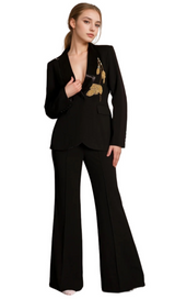 angela Primatou Black Embroidered Flared Blazer Suit