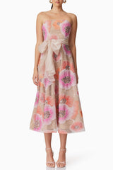 Strapless Flower Sequin Embellished Midi Dress