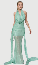agatha Cowl Backless Sequin Maxi Dress in green