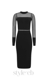 lyla knitted sheer sleeve midi dress in black