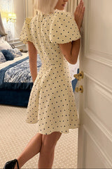 Mock Neck Puff Sleeve Polka Dot Mini Dress