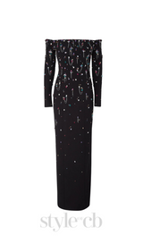 Pamaria Diamante Embroidery Off Shoulder Maxi Dress