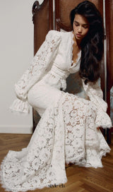 emily Lace Trimmed Puff Sleeved Top & Fishtail Skirt Set in white