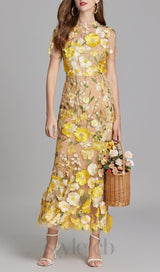 FLORAL EMBROIDERY MESH FISHTAIL MIDI DRESS IN YELLOW