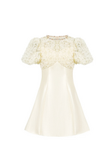 Floral Lace Puff Sleeve A-Line mini Dress in apricot