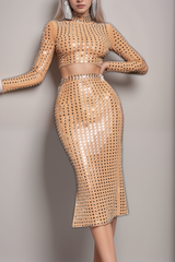 EMBELLISHED SPLIT MESH SKIRT SET IN NUDE
