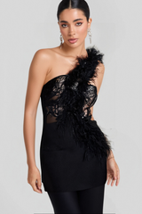 ONE SHOULDER FEATHER BANDAGE MINI DRESS