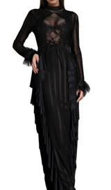 alani Panagas Long Sleeve Mesh Ruffle Dress