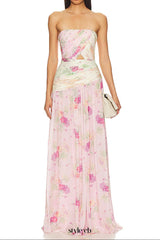 PINTIL STRAPLESS PLEATED FLORAL MAXI DRESS IN MULTI