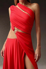 atalanta High Slit Hollowed-out Maxi Dress in red