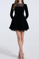 wendy Polka dots long sleeve velvet mini dress in black