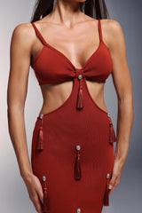 Deep-V Diamond Tassels Bandage Maxi Dress in red