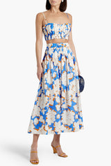 Pleated floral-print linen bustier top skirt set in blue