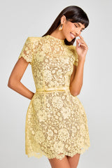 hollow lace bow belt mini dress in yellow