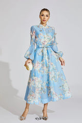 tiffany pale blue floral Printed puff sleeve Maxi Dress