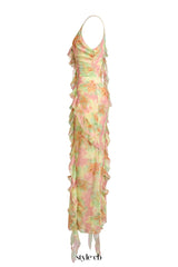 jessie Tie Dye v-neck Ruffle Tie-Up Midi Dress - green