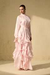 pandora Puff Sleeve Ruffle Trim Maxi Dress in pink