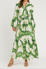 letitia Lantern sleeve printed lapel maxi dress in green