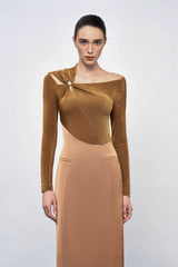 Eleanor Sheath Asymmetric Neck Taffeta Midi Dress in brown