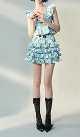 FLORAL RUFFLED SLEEVELESS CROP TOP