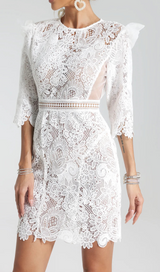MIDI SLEEVE HALF BACKLESS SHORT WHITE GUIPURE DRESS