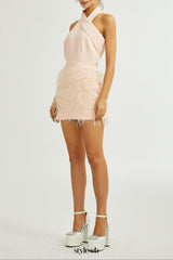 tara feather-detail tassel halter backless dress in pink