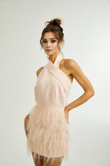 tara feather-detail tassel halter backless dress in pink