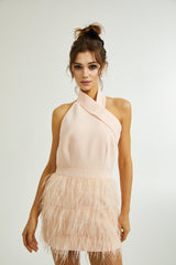 tara feather-detail tassel halter backless dress in pink