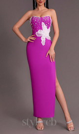 PURPLE BEADED STRAPLESS SIDE SLIT BANDAGE DRESS