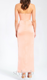 BLUSH SATIN CORSET SLIT GOWN WITH CRYSTAL EMBELLISHED