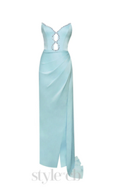 BLUE SATIN CRYSTAL EMBELLISHED HIGH SLIT GOWN