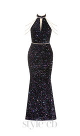 CRYSTAL-EMBELLISHED HALTER BODYCON MAXI DRESS