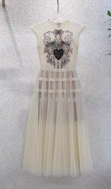 EMBROIDERY MESH MIDI DRESS IN PALE YELLOW