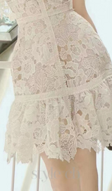 WHITE SPAGHETTI STRAP LACE MINI A-LINE DRESS