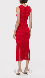 RED TEXTURED CHENILLE FRINGE MIDI DRESS