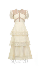 PLEATED LACE MIDI DRESS IN APRICOT