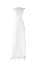 WHITE SLEEVELESS BODYCON MAXI DRESS WITH STONE EMBELLISHMENT