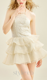 HALTER RUFFLE TRIM MINI DRESS IN APRICOT